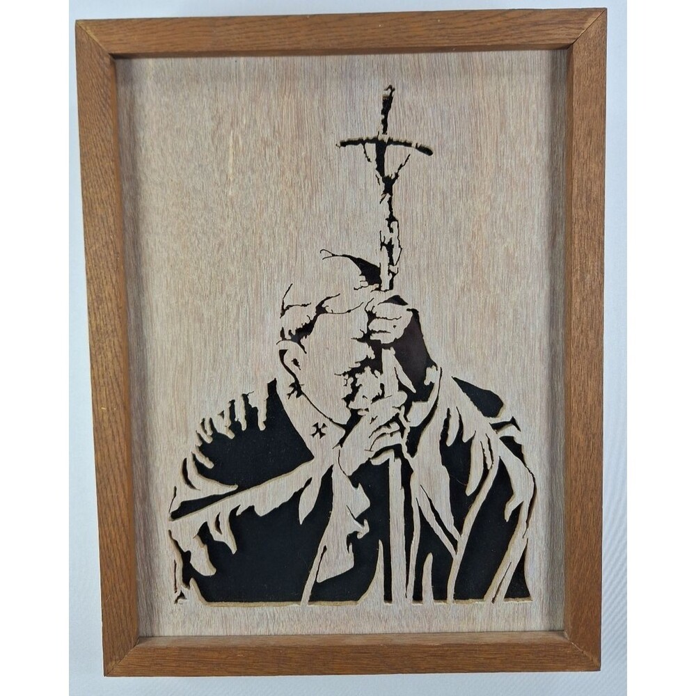 Vintage Pope John Paul II Wood Scroll Saw Art Framed Religious Catholic Picture
